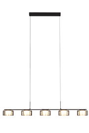 Moderne LED-Hängeleuchte mit fünf leuchtenden Elementen in einer geraden Linie, seitliche Perspektive.