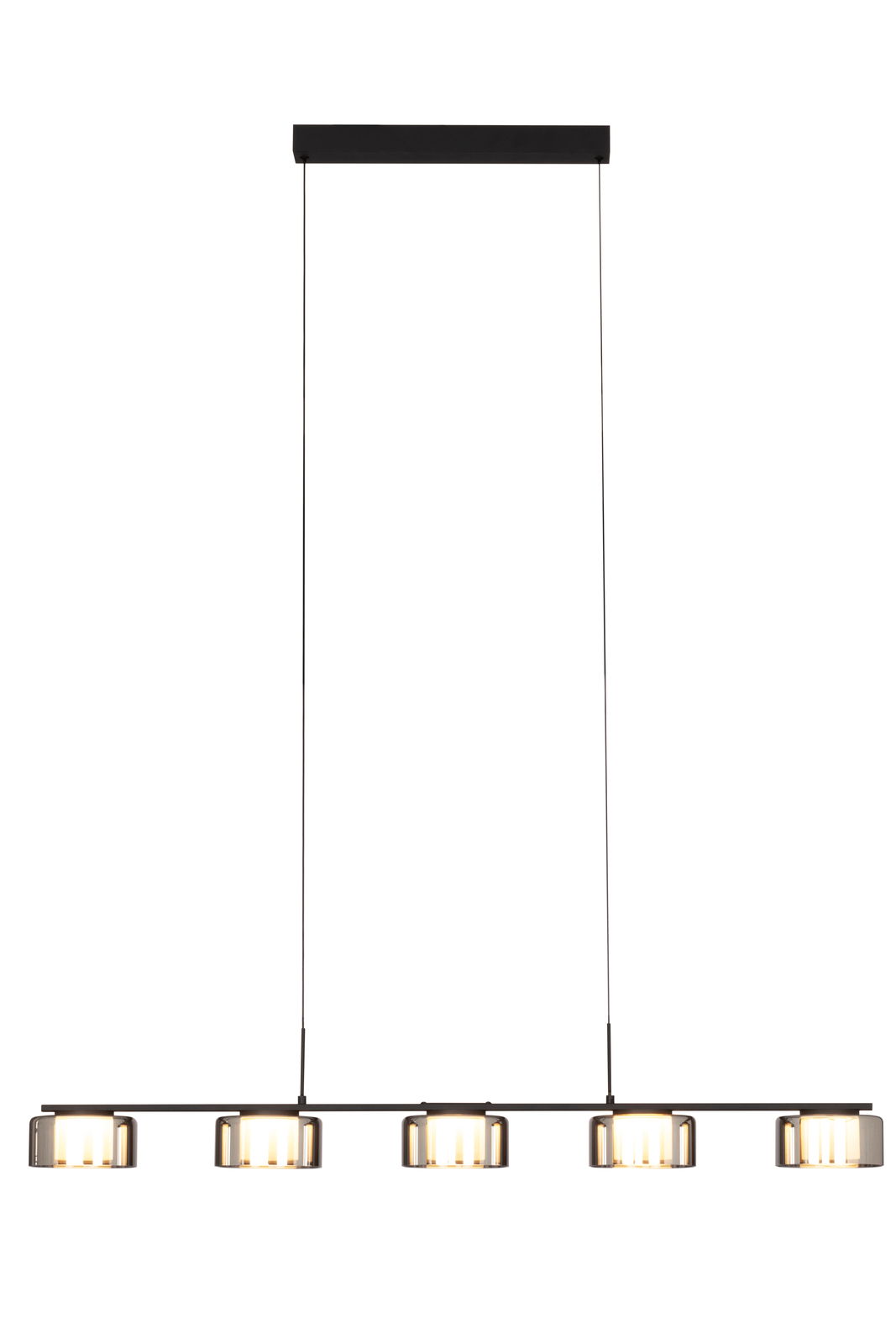 Moderne LED-Hängeleuchte mit fünf leuchtenden Elementen in einer geraden Linie, seitliche Perspektive.