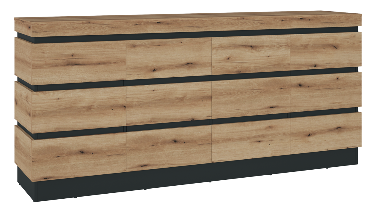 Modernes Sideboard aus Holz mit horizontalen schwarzen Akzenten, Frontalansicht