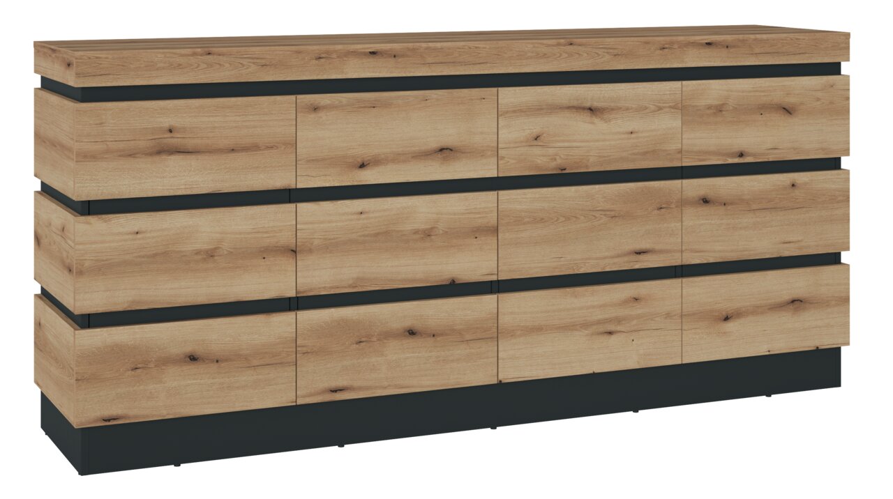 Modernes Sideboard aus Holz mit horizontalen schwarzen Akzenten, Frontalansicht