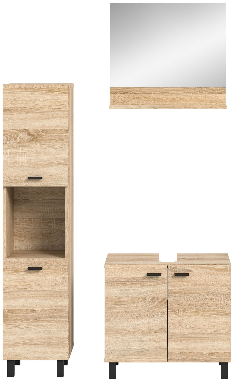 Badezimmermöbel-Set in Holzoptik, bestehend aus einem hohen Schrank, einem Waschtischunterschrank und einem Wandspiegel, frontal abgebildet.
