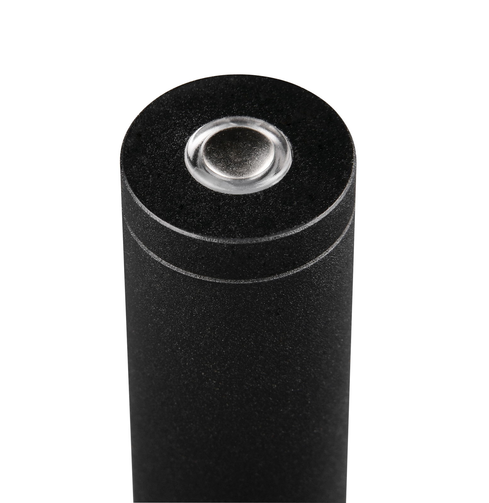 Nahaufnahme der Oberseite einer schwarzen Stehleuchte mit einem runden, transparenten Knopf.