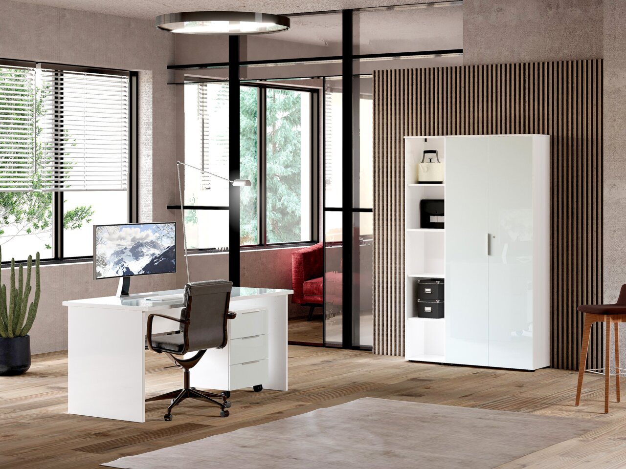 Stylife Hoog archiefrek PADUA OFFICE KANTOOR PADUA Moderne kantoorruimte met een wit bureau en een archiefkast, zijaanzicht