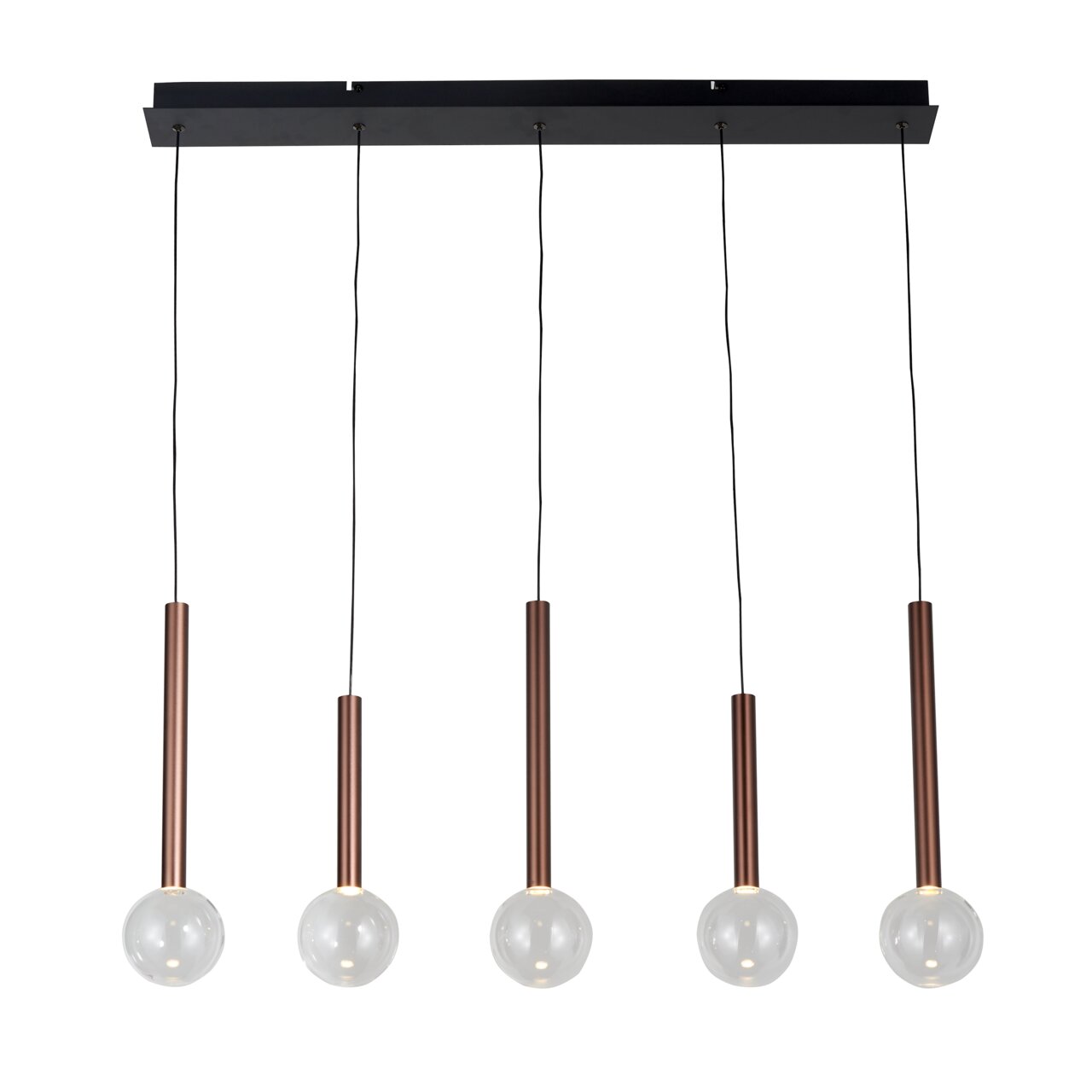 Dieter Knoll LED-Hängeleuchte MEMPHIS Moderne LED-Hängeleuchte mit fünf hängenden Glühbirnen in Kupferoptik, frontal betrachtet.