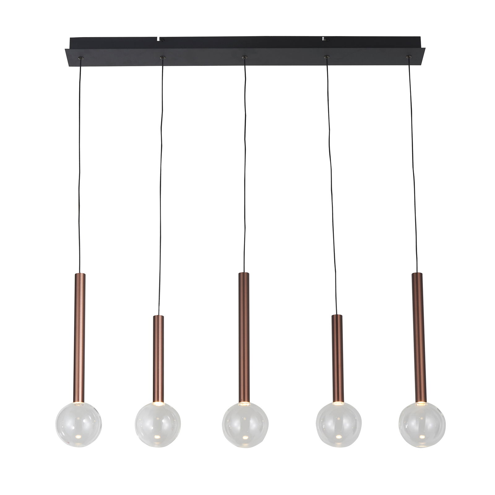 Moderne LED-Hängeleuchte mit fünf hängenden Glühbirnen in Kupferoptik, frontal betrachtet.