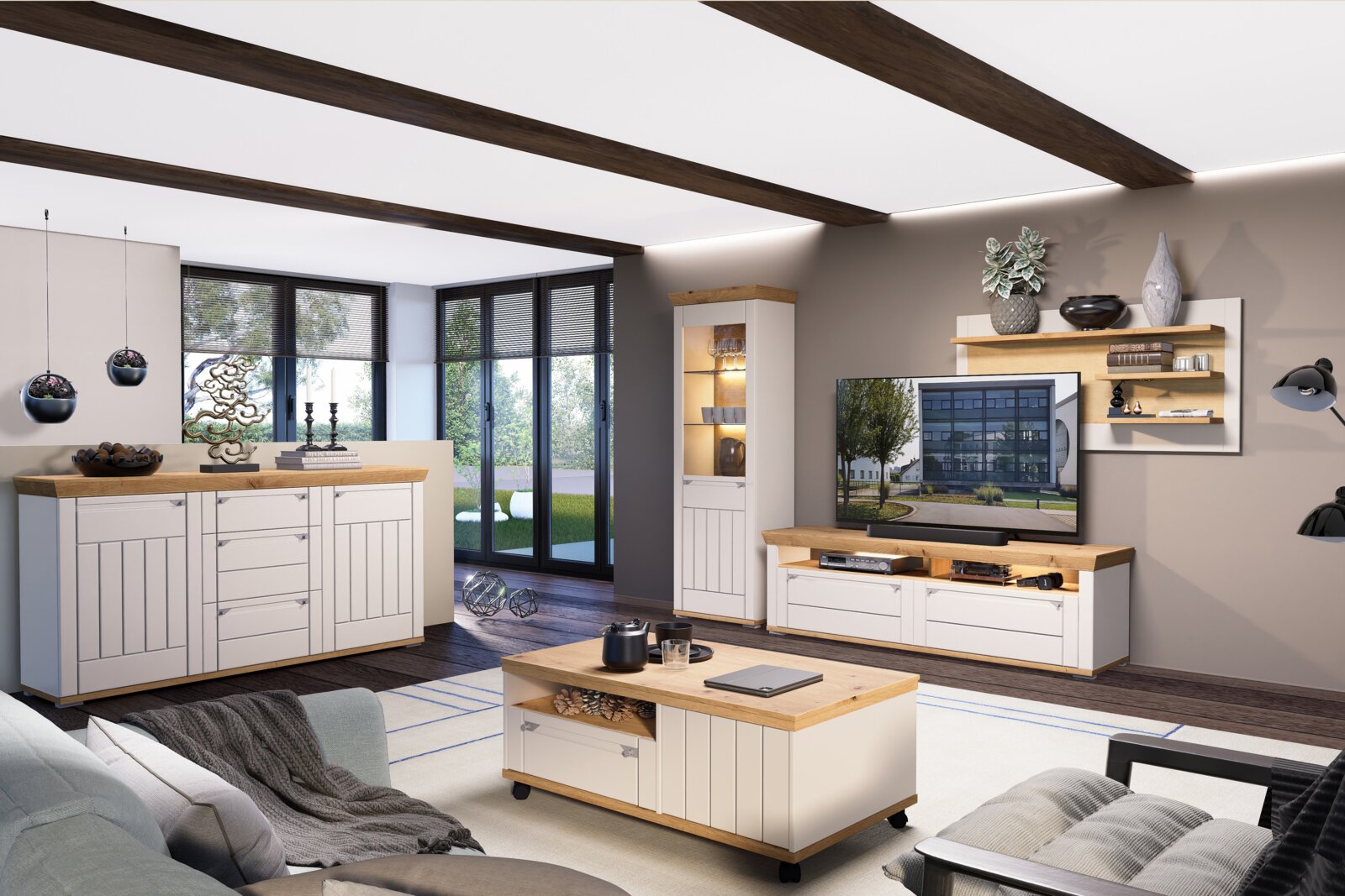 Moderne Wohnzimmer-Wandkombination in heller Holzoptik mit TV-Schrank, Vitrine und Regal, seitliche Perspektive