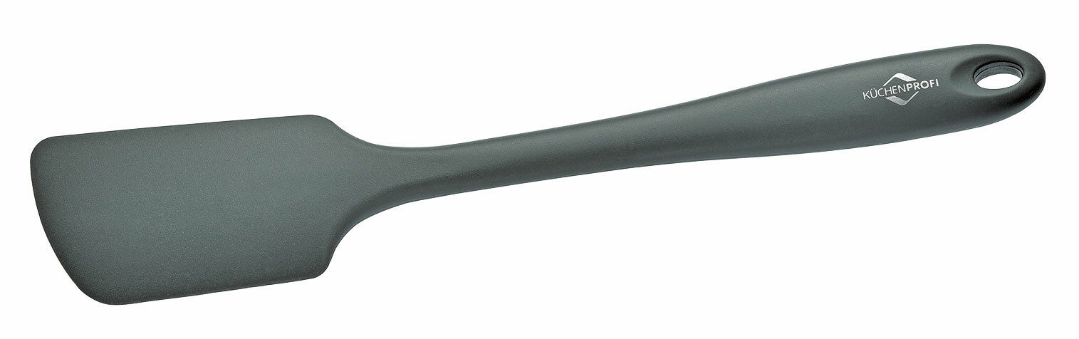 Grauer Teigschaber aus Kunststoff, seitliche Ansicht mit ergonomischem Griff und Aufhängeloch.