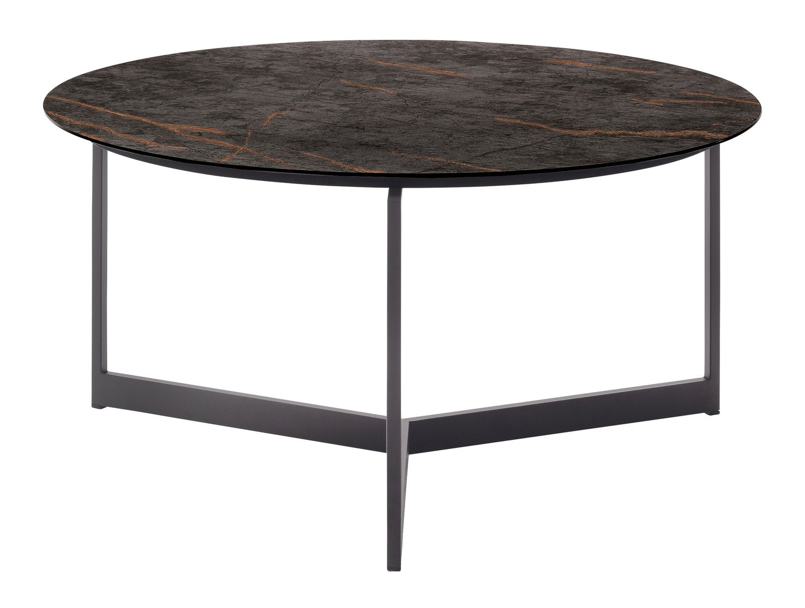 Runder Couchtisch mit dunkler Marmoroptik und schlankem Metallgestell, seitliche Perspektive
