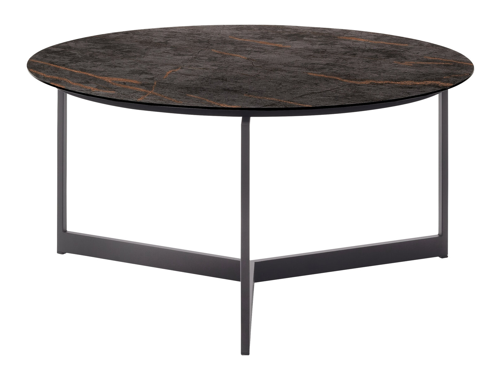 Runder Couchtisch mit dunkler Marmoroptik und schlankem Metallgestell, seitliche Perspektive