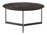 Runder Couchtisch mit dunkler Marmoroptik und schlankem Metallgestell, seitliche Perspektive