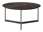 Runder Couchtisch mit dunkler Marmoroptik und schlankem Metallgestell, seitliche Perspektive