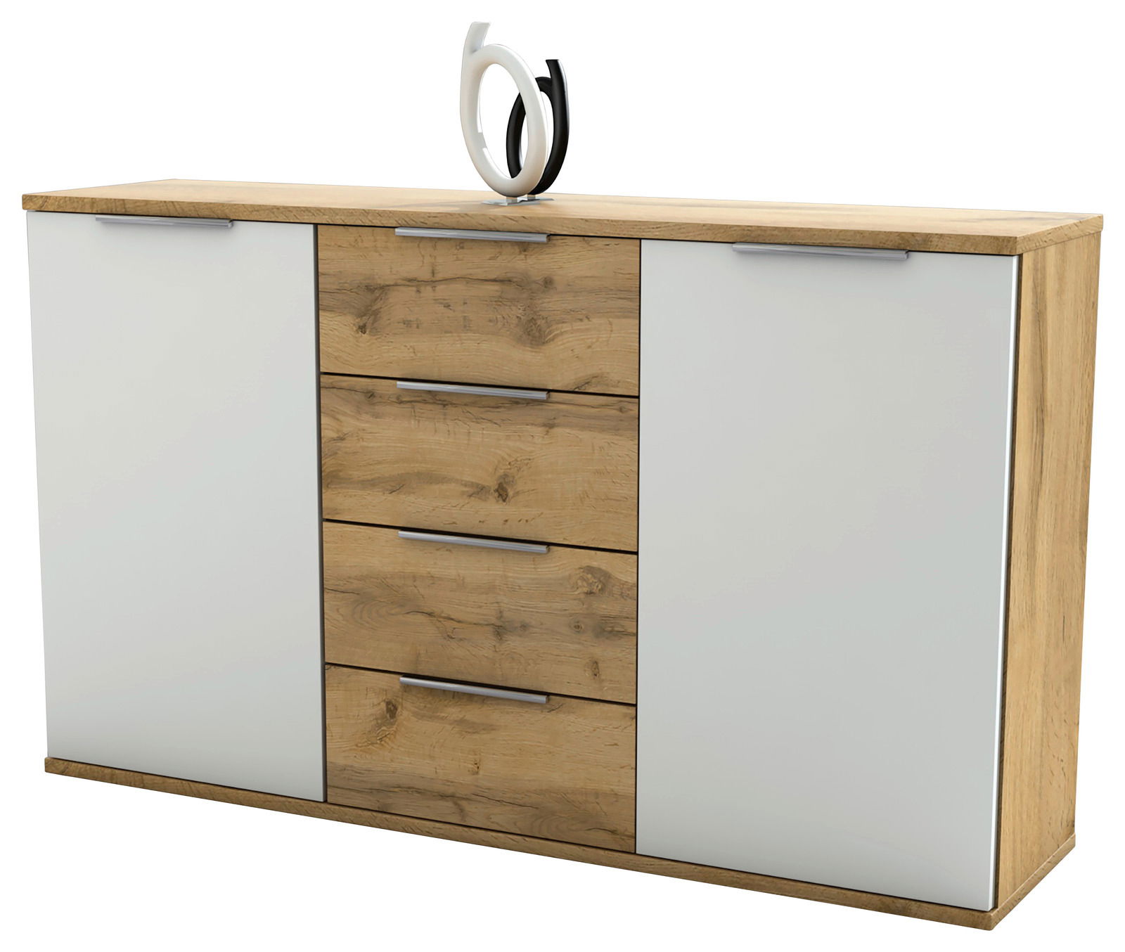 Kommode CAPRI mit zwei weißen Türen und vier Holzschubladen, Perspektive von vorne