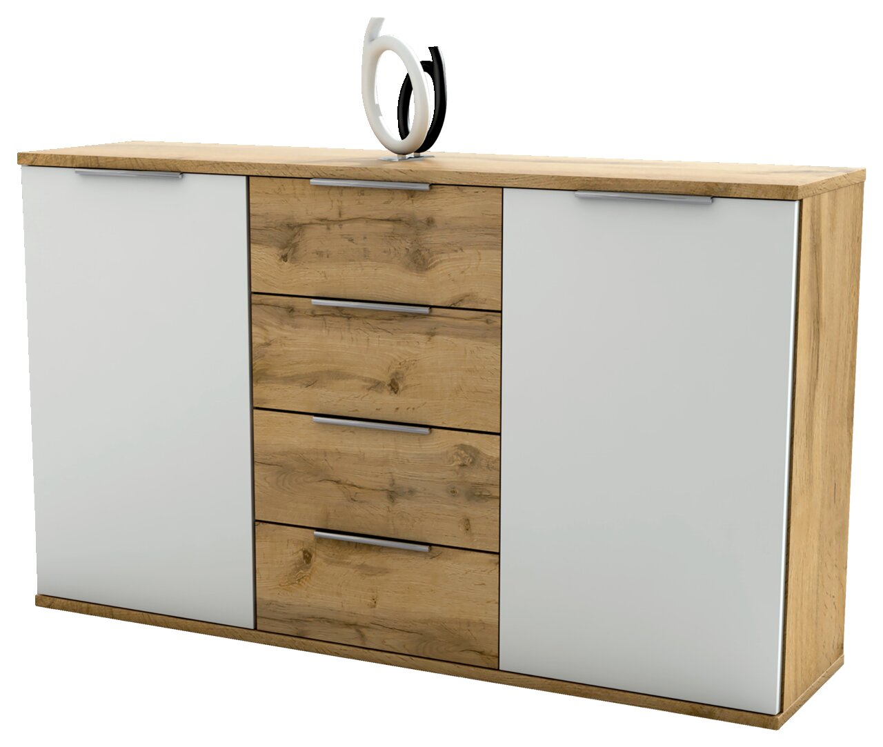 Kommode CAPRI mit zwei weißen Türen und vier Holzschubladen, Perspektive von vorne