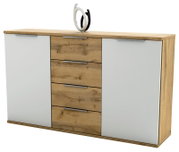 Kommode CAPRI mit zwei weißen Türen und vier Holzschubladen, Perspektive von vorne