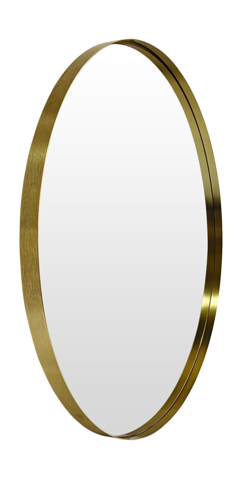 Runder Spiegel mit goldfarbenem Rahmen, seitliche Perspektive