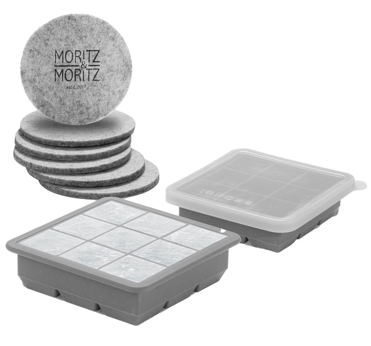 Eiswürfelform und Filzuntersetzer in der Seitenansicht