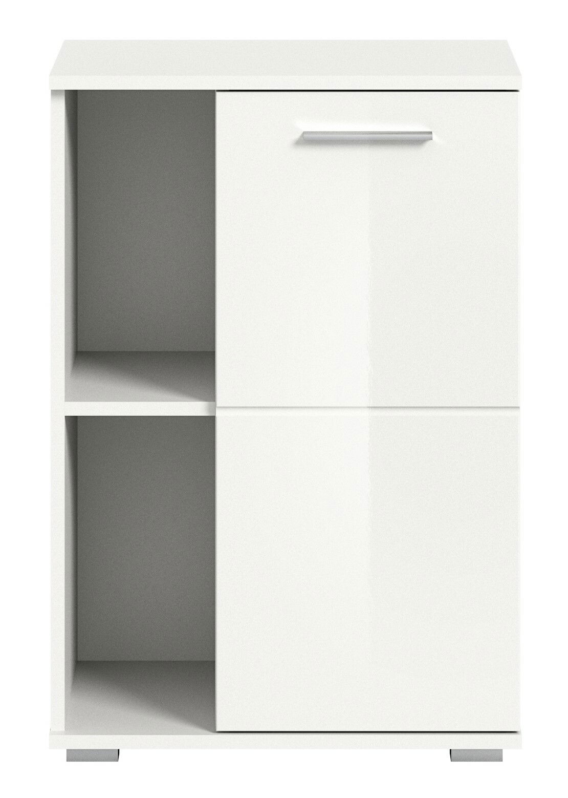 Weiße Schuhkommode mit zwei offenen Fächern und einer Tür, Frontalansicht