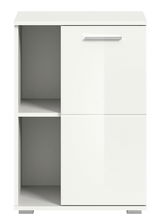 Weiße Schuhkommode mit zwei offenen Fächern und einer Tür, Frontalansicht