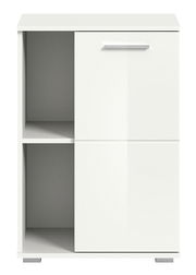 Weiße Schuhkommode mit zwei offenen Fächern und einer Tür, Frontalansicht