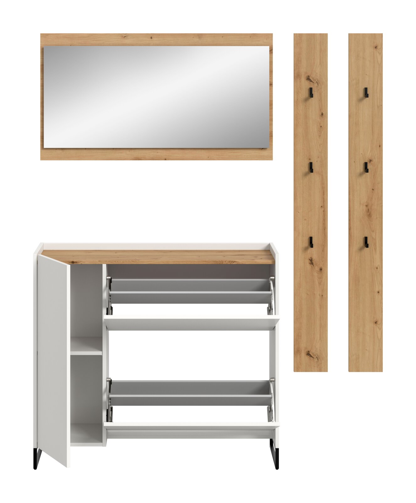 Garderoben-Set in Weiß und Eicheoptik mit großem Wandspiegel, Schuhschrank mit geöffneter Tür und zwei ausziehbaren Schuhklappen sowie zwei Wandpaneelen mit schwarzen Haken, Ansicht von vorne