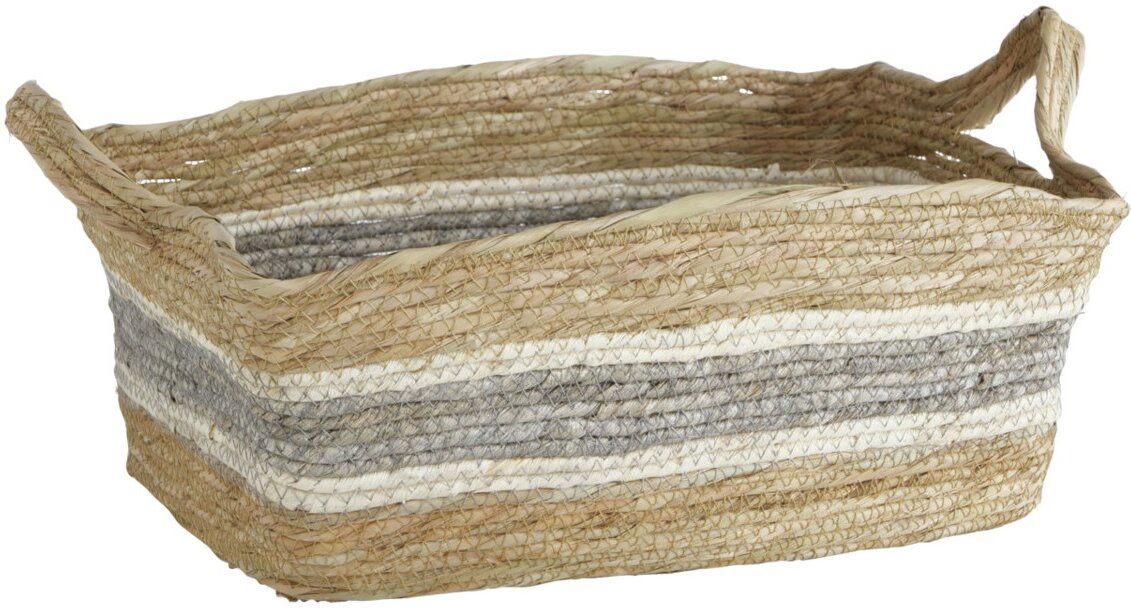 Rechteckiger, geflochtener Korb aus Naturmaterialien mit Streifenmuster in Beige und Grau, seitliche Perspektive
