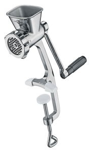 Fleischwolf SOLIDO aus Edelstahl mit Handkurbel und Tischklemme, seitliche Perspektive