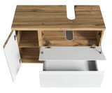 Waschbeckenunterschrank aus Holz mit geöffneter Schublade und Tür, Ansicht von oben