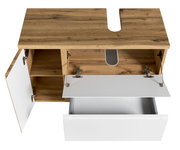 Waschbeckenunterschrank aus Holz mit geöffneter Schublade und Tür, Ansicht von oben