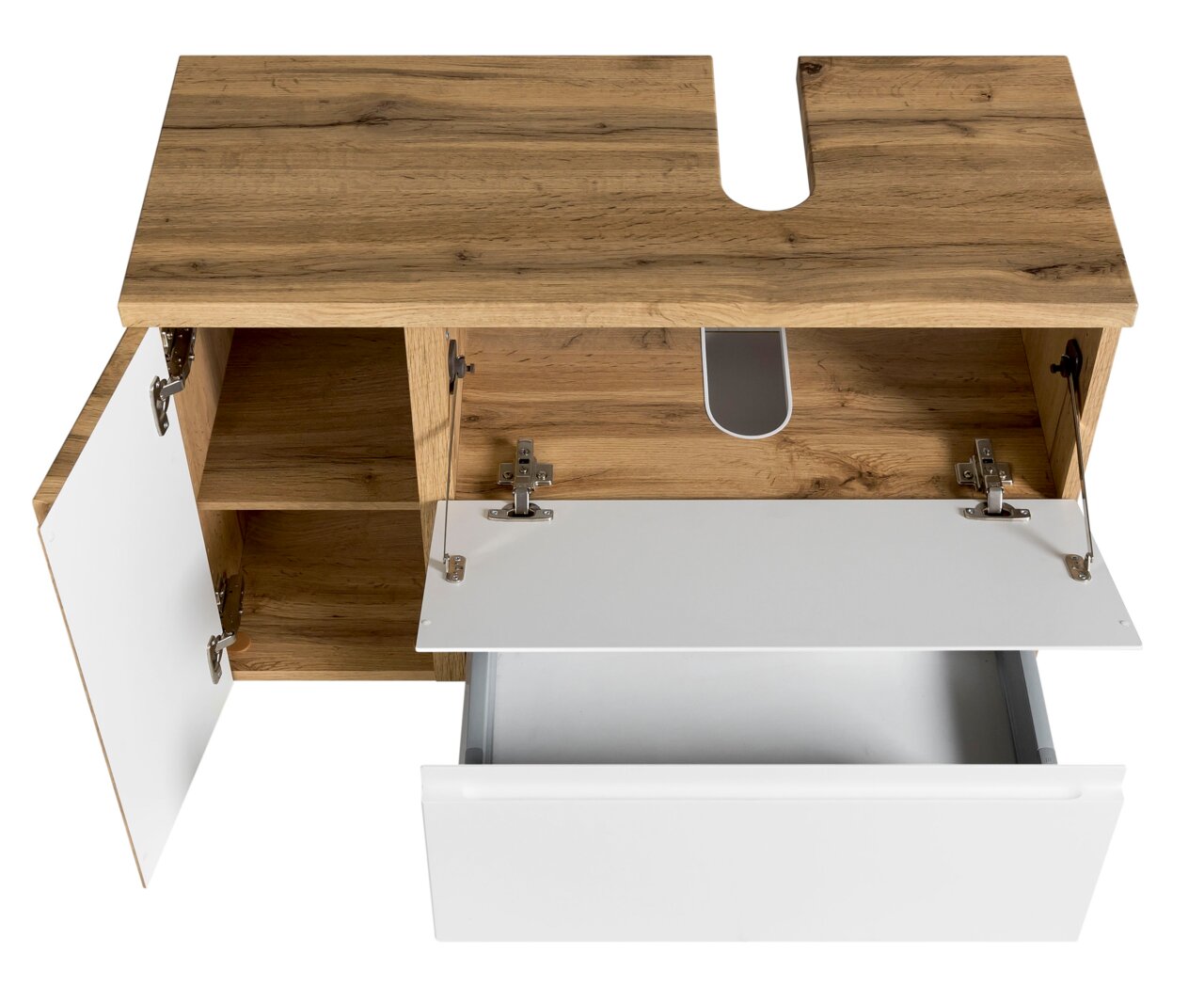 Waschbeckenunterschrank aus Holz mit geöffneter Schublade und Tür, Ansicht von oben