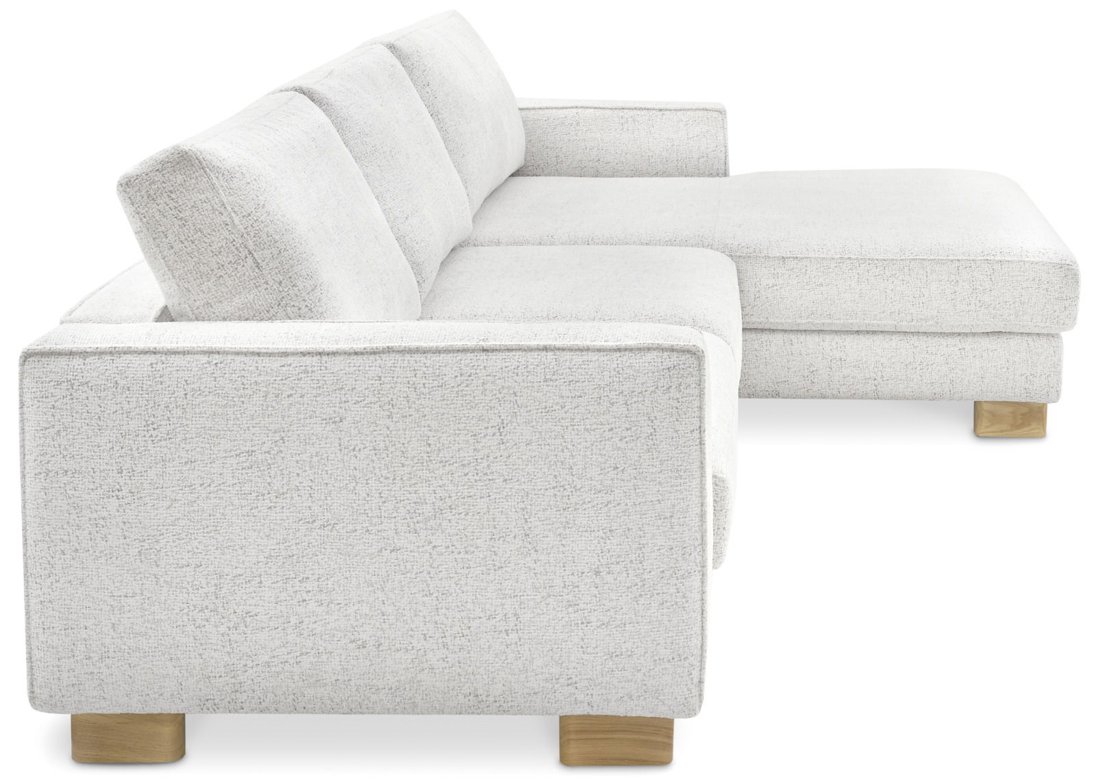 Ecksofa COLORADO von Musterring in hellem Stoffbezug, seitliche Perspektive mit Holzfüßen