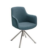 Moderner blauer Sessel mit Metallbeinen, seitliche Perspektive