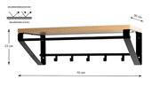 Wandgarderobe mit Ablage in Holzoptik und schwarzem Metallrahmen, 70 x 30 x 23 cm, mit Hakenleiste und Stange, perspektivische Seitenansicht