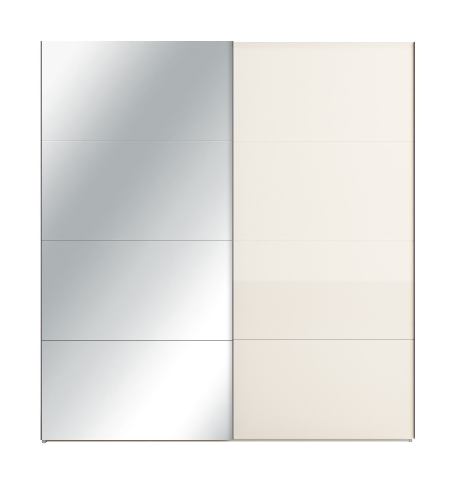 Moderne tweedeurs schuifdeurkast met spiegelpanelen links en crèmekleurige panelen rechts, recht van voren weergegeven