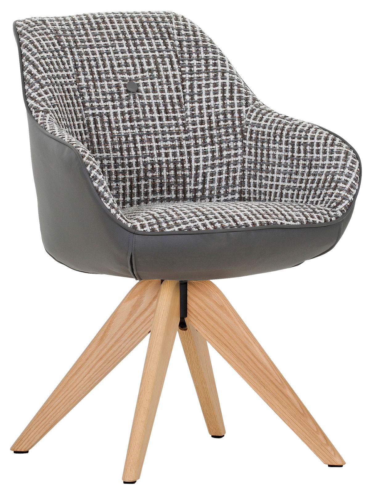 Moderner Armlehnstuhl mit gemustertem Stoffbezug und Holzbeinen, seitliche Perspektive