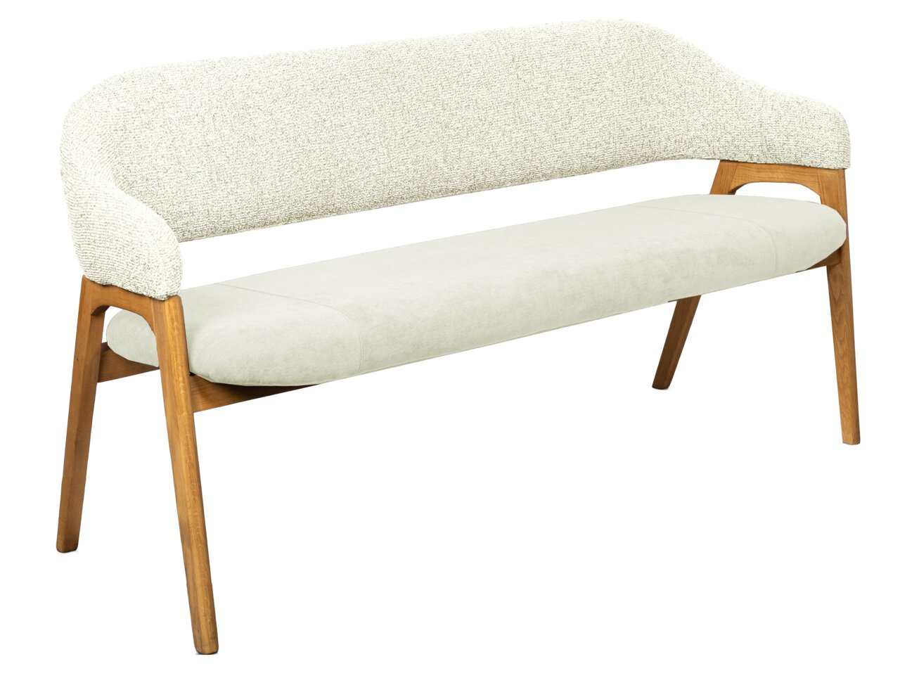 Linea Natura Sitzbank BERTI Sitzbank mit hellem Stoffbezug und Holzbeinen, seitliche Perspektive