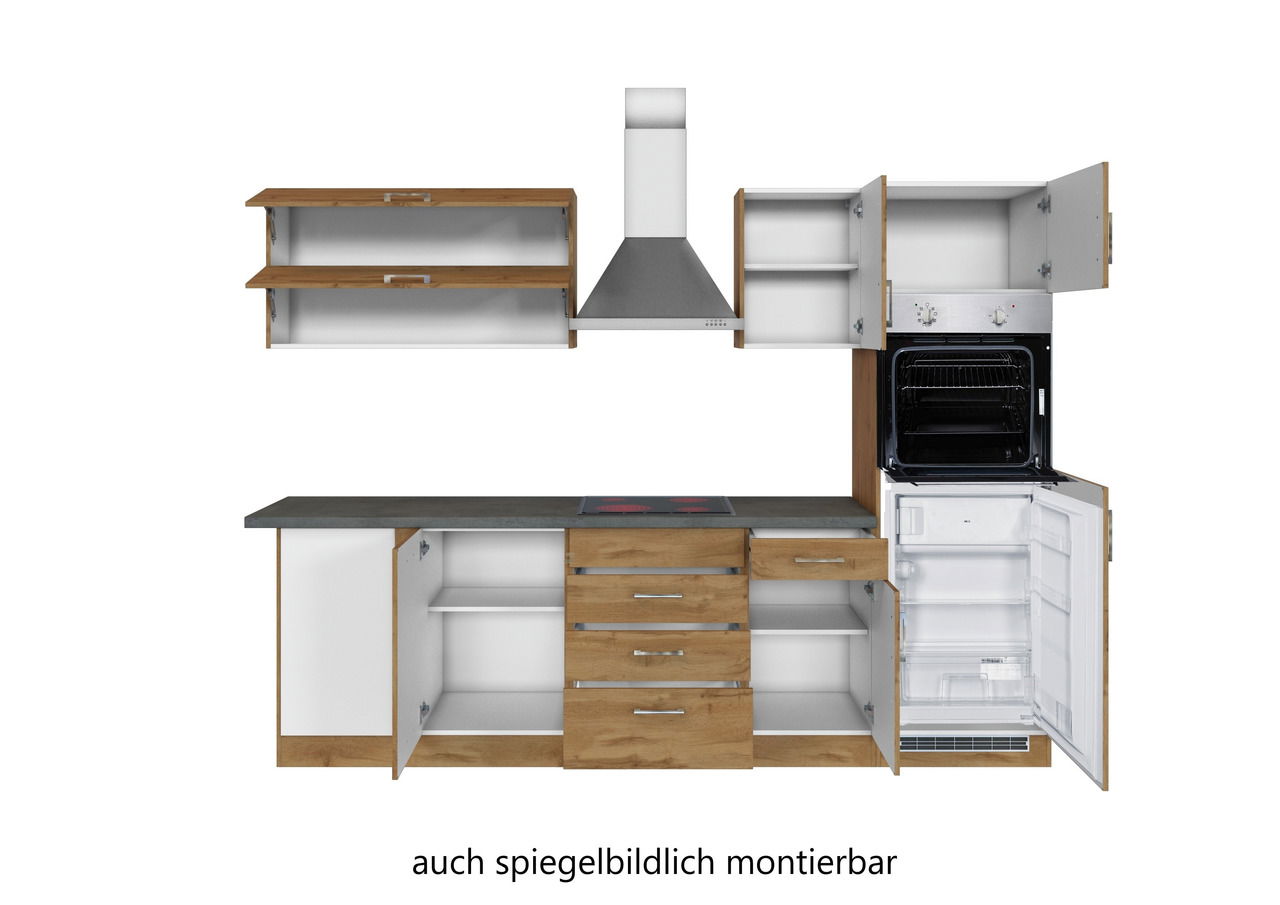 Eck-Küchenzeile mit Holz- und Weißelementen, bestehend aus Hängeschränken, Dunstabzugshaube, Herd, Backofen und Kühlschrank, frontal abgebildet.