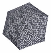 Draufsicht auf einen kompakten Regenschirm mit geometrischem Muster in Blau und Weiß.