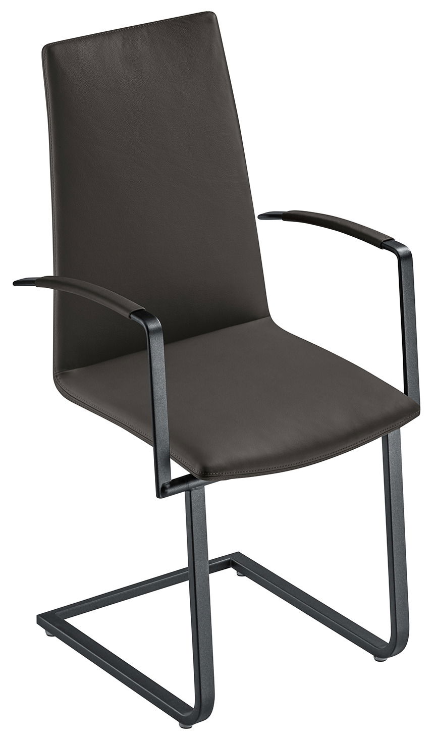 Moderner Sessel mit schwarzem Lederbezug und Metallgestell, seitliche Perspektive