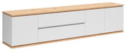 Modernes, langes Sideboard/Lowboard in Weiß mit Holzplatte und Holzsockel, mittig mit Schublade und Klapptür, in schräger Frontansicht von links auf weißem Hintergrund