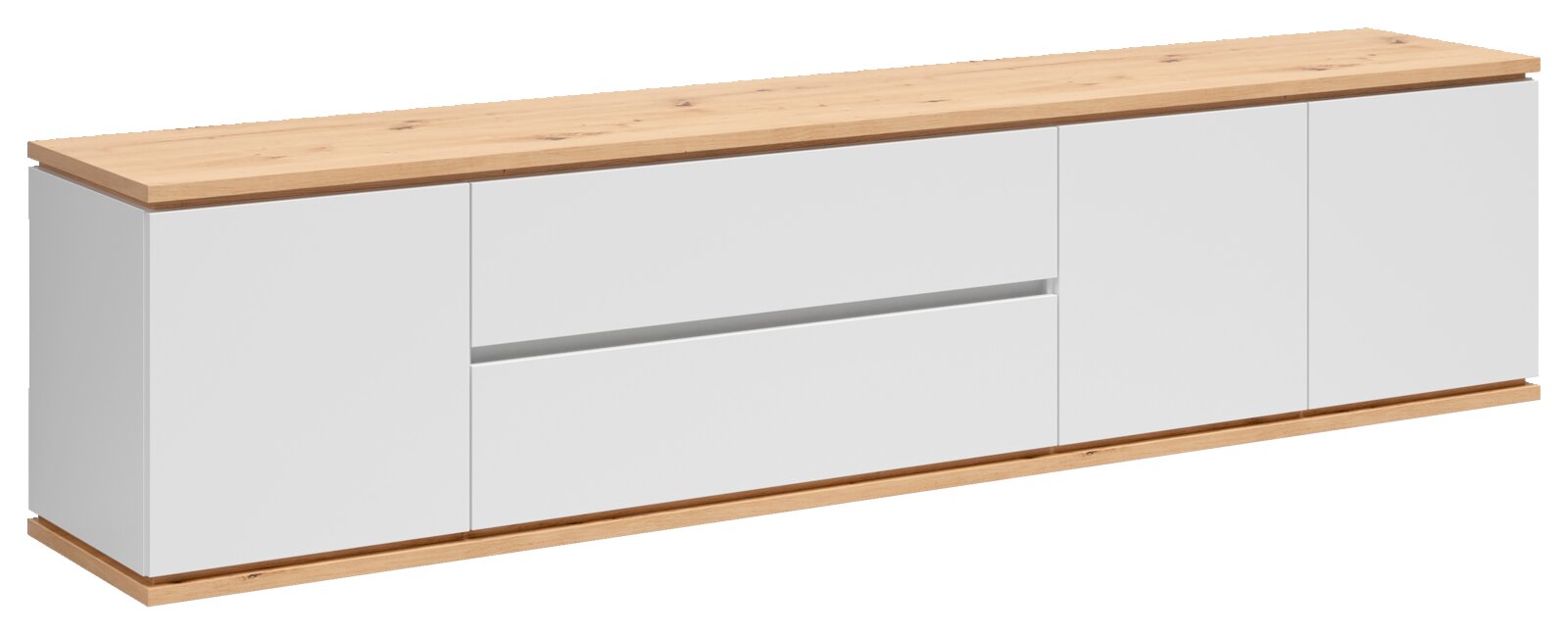 Modernes, langes Sideboard/Lowboard in Weiß mit Holzplatte und Holzsockel, mittig mit Schublade und Klapptür, in schräger Frontansicht von links auf weißem Hintergrund