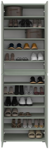 XXL-Schuh- und Mehrzweckschrank mit geöffneter Tür, gefüllt mit verschiedenen Schuhen und Boxen, frontale Ansicht