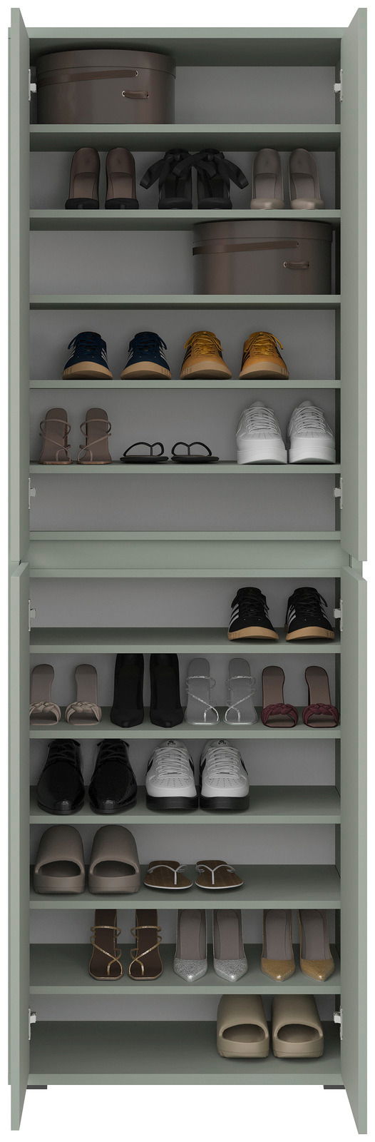 XXL-Schuh- und Mehrzweckschrank mit geöffneter Tür, gefüllt mit verschiedenen Schuhen und Boxen, frontale Ansicht