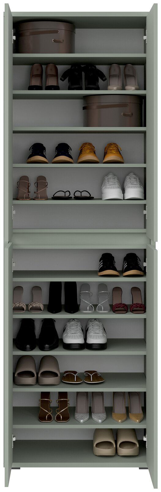 XXL-Schuh- und Mehrzweckschrank mit geöffneter Tür, gefüllt mit verschiedenen Schuhen und Boxen, frontale Ansicht