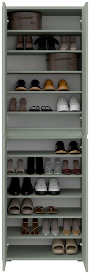 XXL-Schuh- und Mehrzweckschrank mit geöffneter Tür, gefüllt mit verschiedenen Schuhen und Boxen, frontale Ansicht