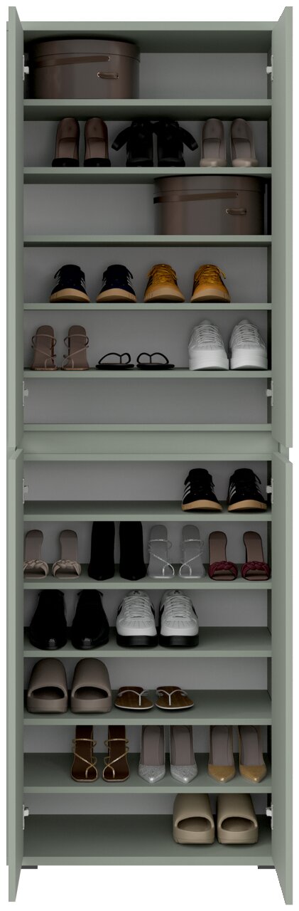 XXL-schoenen- en multifunctionele kast met geopende deur, gevuld met diverse schoenen en dozen, vooraanzicht