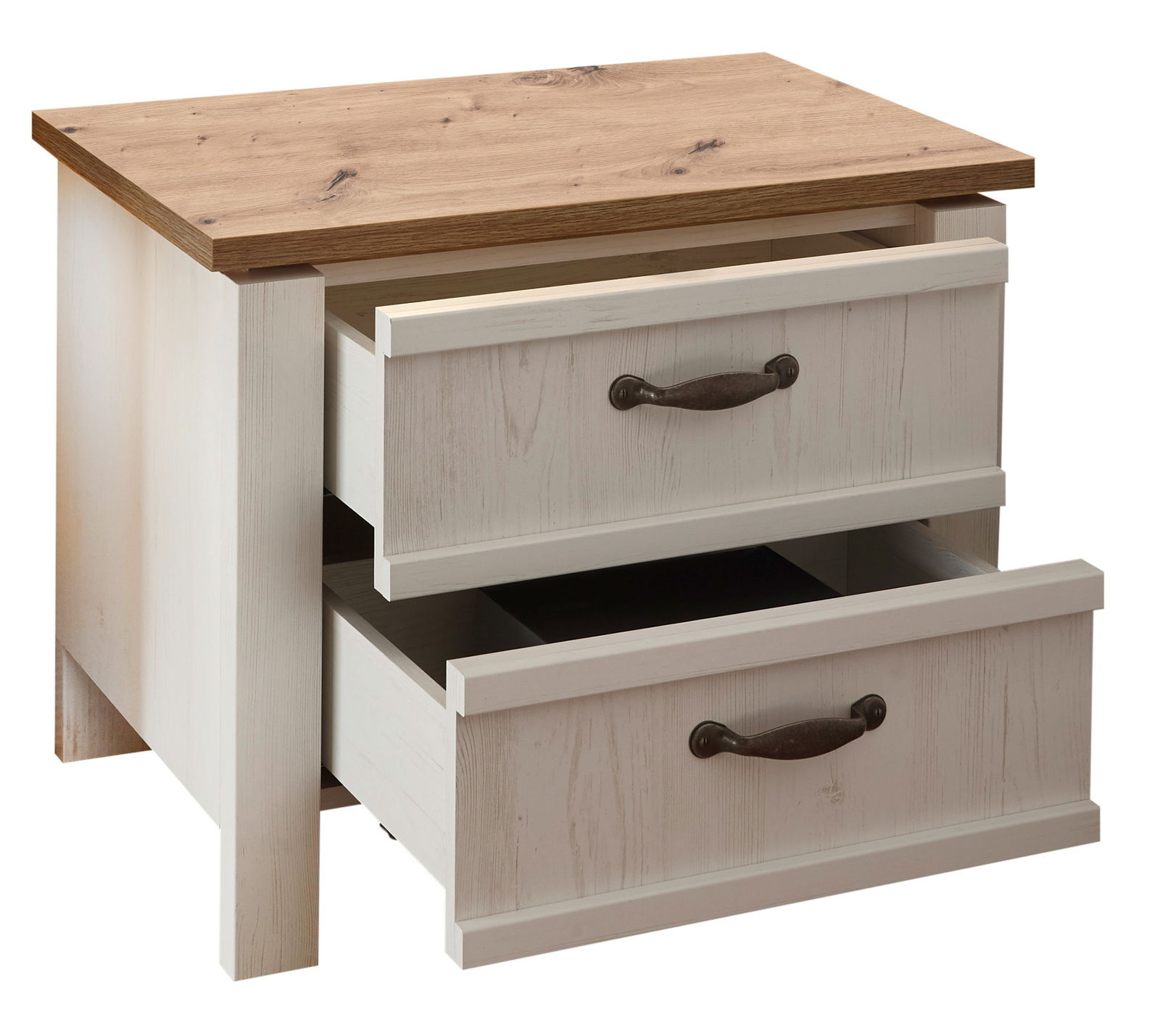 Nachtkommode mit zwei offenen Schubladen, Holzoptik, seitliche Perspektive