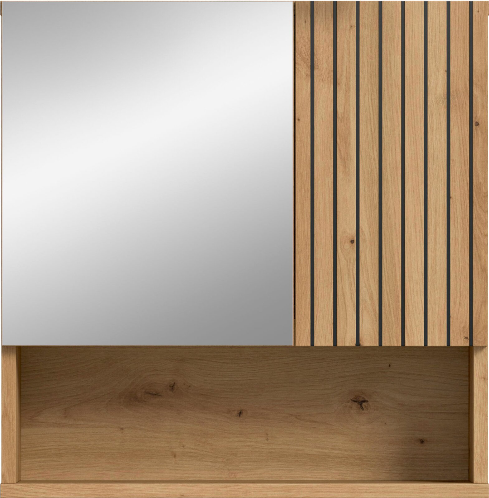 Frontale Nahaufnahme eines modernen Holzrahmens mit großer Spiegelfläche links und vertikalen Holzleisten mit schwarzen Zwischenstreifen rechts, Perspektive: frontal