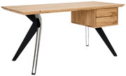 Moderner Schreibtisch aus Holz mit zwei Schubladen und schwarzen Metallbeinen, seitliche Perspektive