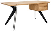 Moderner Schreibtisch aus Holz mit zwei Schubladen und schwarzen Metallbeinen, seitliche Perspektive
