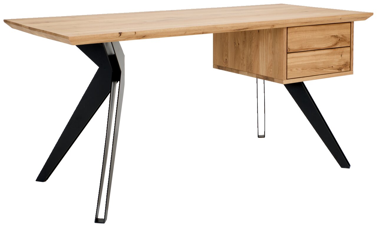 Moderner Schreibtisch aus Holz mit zwei Schubladen und schwarzen Metallbeinen, seitliche Perspektive